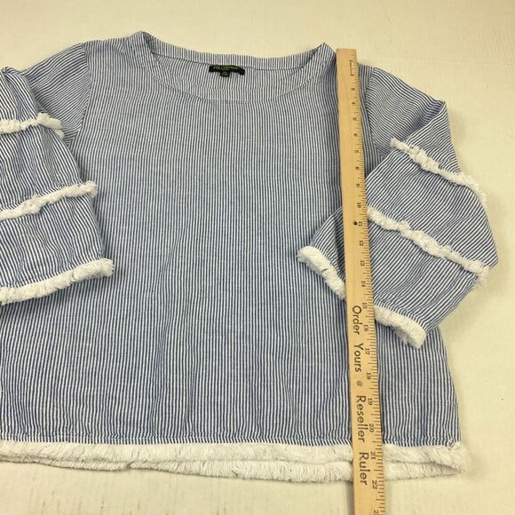 For Cynthia Linen Blend Blouse Striped Boxy Fit Fringe 3/4 Sleeve Top PL Petites - Picture 6 of 12